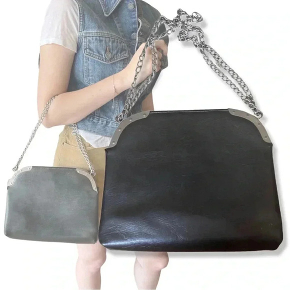 Y2K black chain shoulder bag faux-leather frame purse, AS-IS for repair - Picture 2 of 11